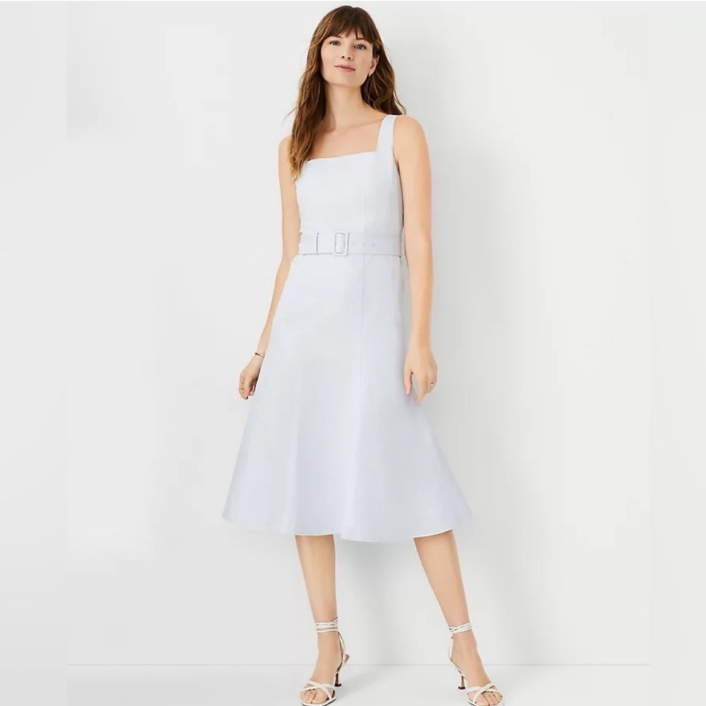 Ann Taylor Powder Blue Belted A-line Dress Cotton, Linen Size 6 NWT